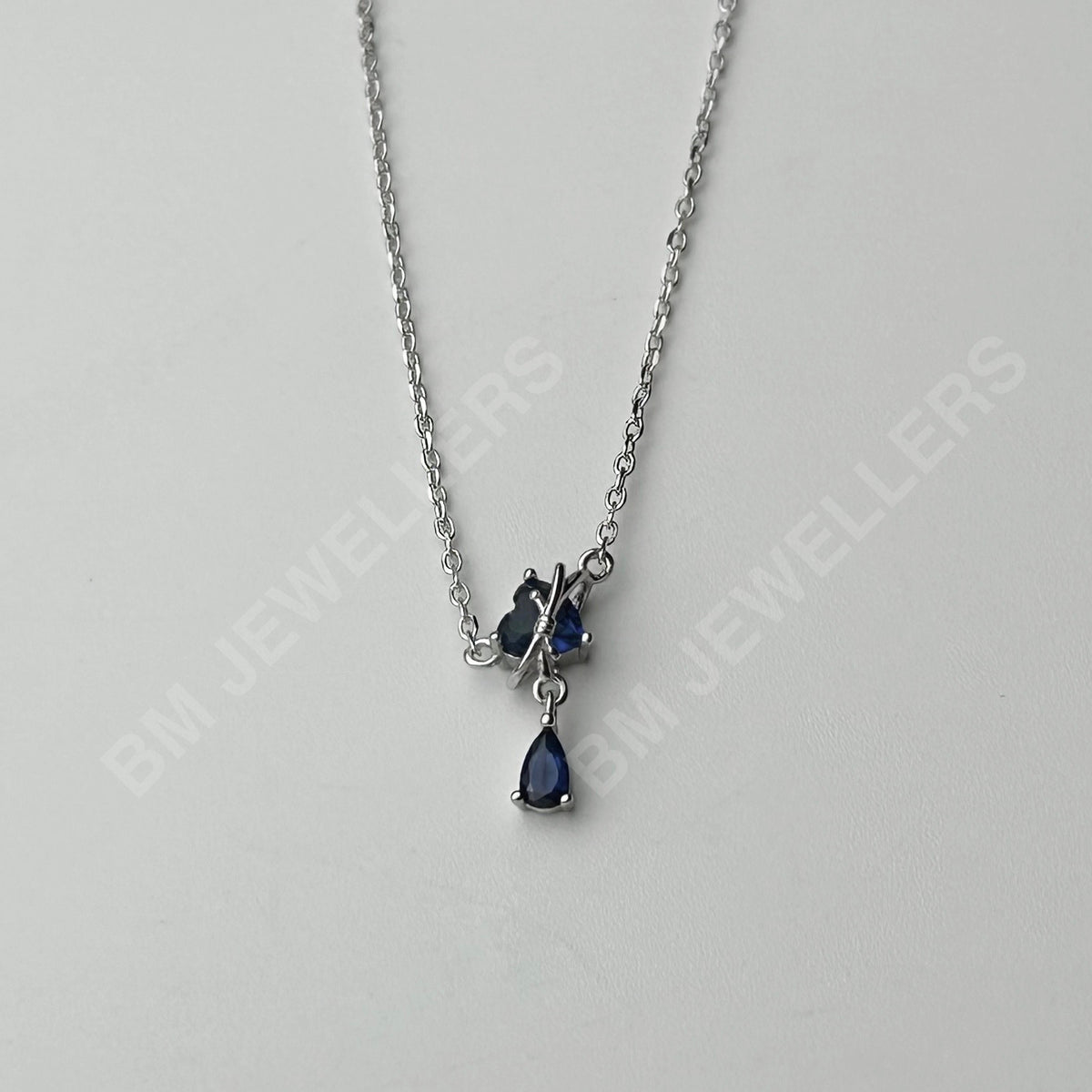 "The Blue Butterfly Pear Drop Set" Blue Sapphire Pendant Necklace & Ear Studs in 925 Silver By BM Jewellers