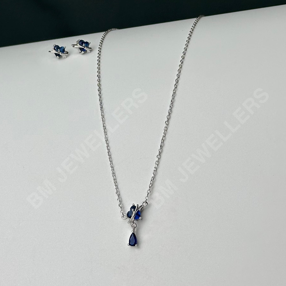 "The Blue Butterfly Pear Drop Set" Blue Sapphire Pendant Necklace & Ear Studs in 925 Silver By BM Jewellers
