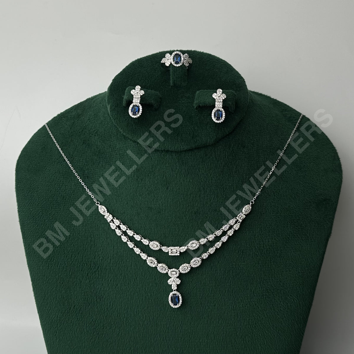 "The Dual-Strand Sapphire Layer Suite" Blue Sapphire 3-Piece Jewelry Set in 925 Silver by BM Jewellers
