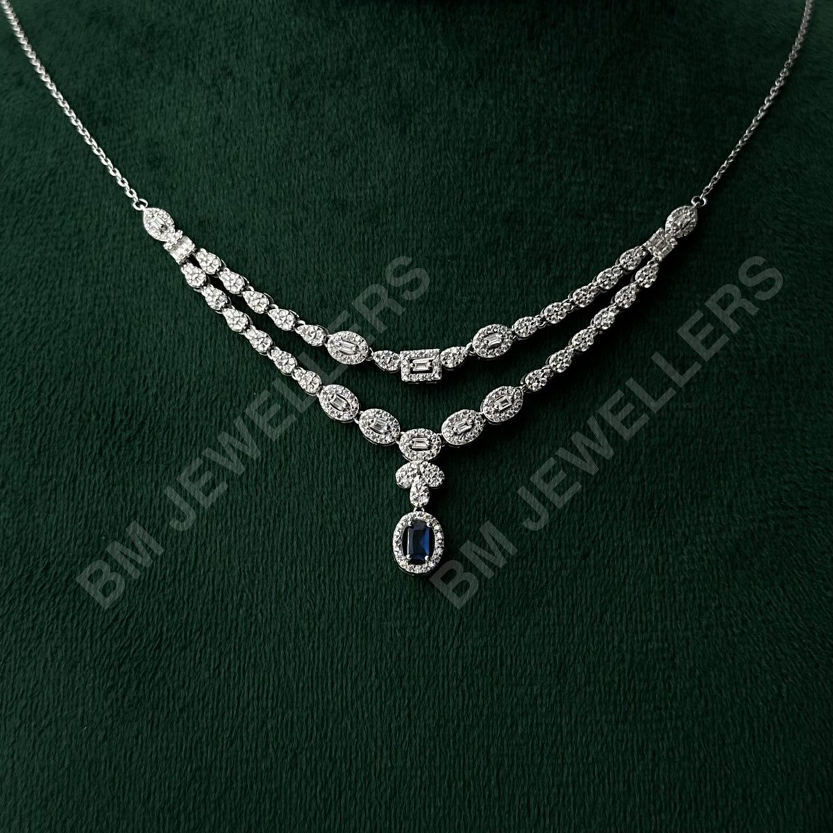 "The Dual-Strand Sapphire Layer Suite" Blue Sapphire 3-Piece Jewelry Set in 925 Silver by BM Jewellers