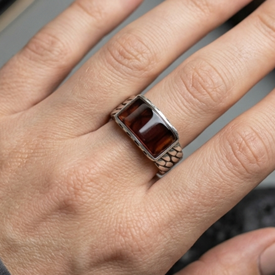 Men's Rectangle Red Agate Sterling Silver Ring - Minimalist Band