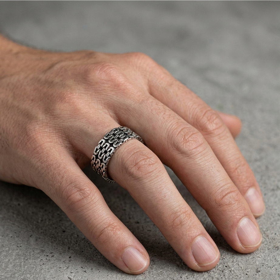 Handmade Sterling Silver Byzantine Chain Link Ring Band