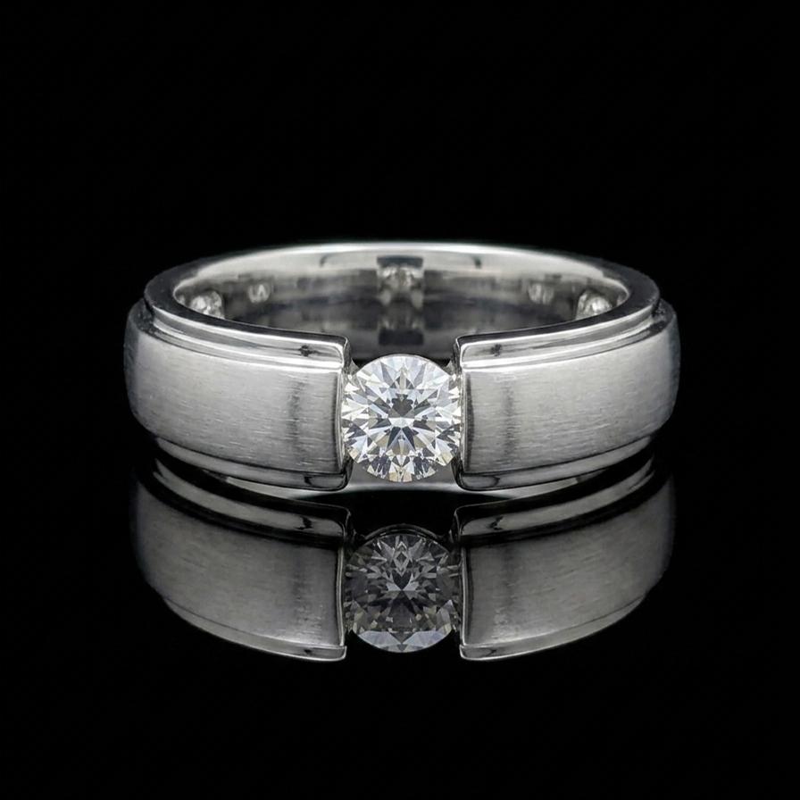Moissanite Solitaire Ring – Brushed Faux-Tension Wedding Band