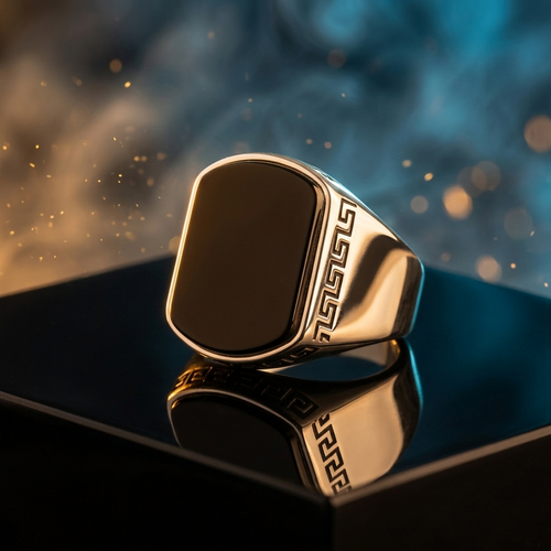 Men Signet Ring with Black Onyx(Black Aqeeq)
