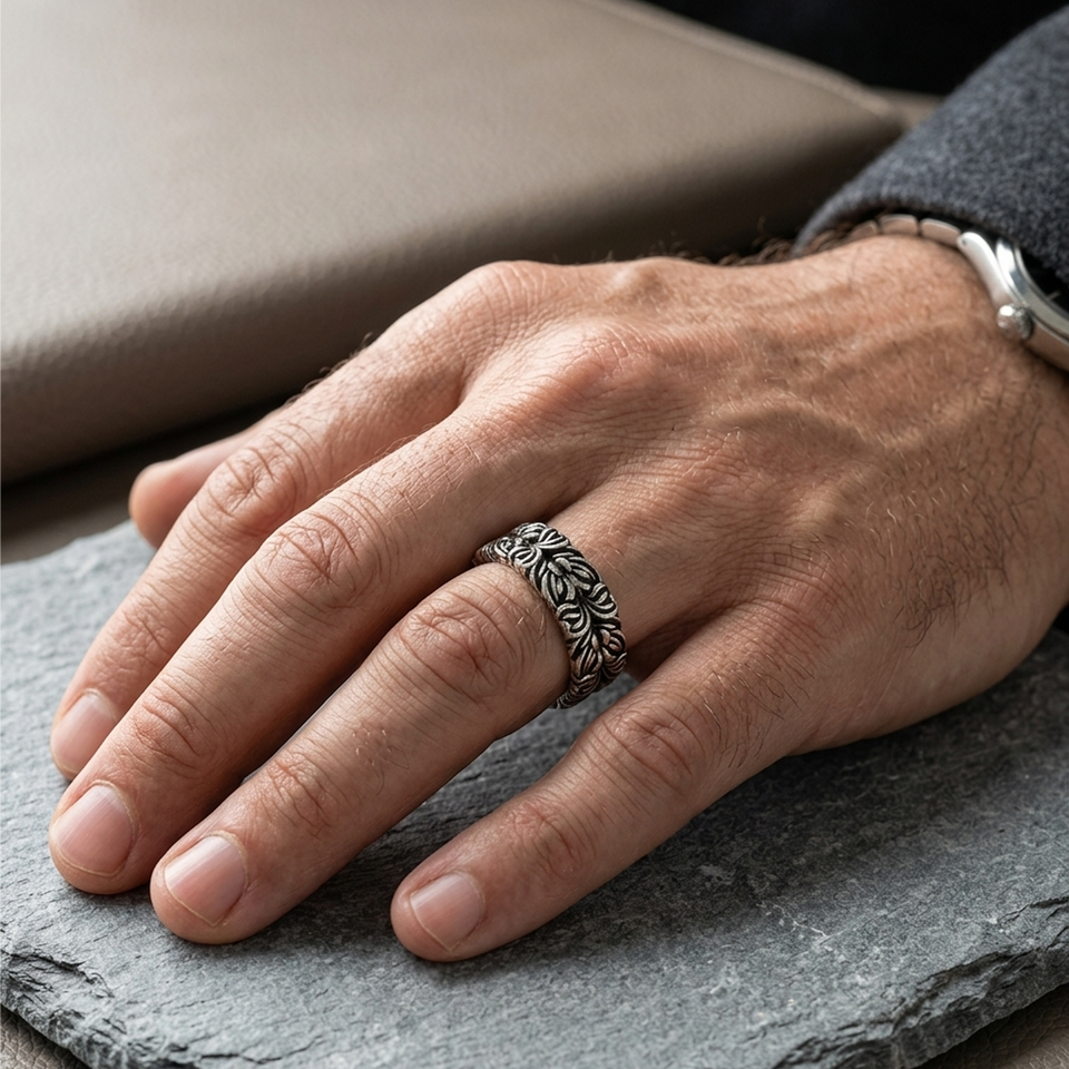 Botanical Leaf Sterling Silver Wedding Band – Marriage Ring