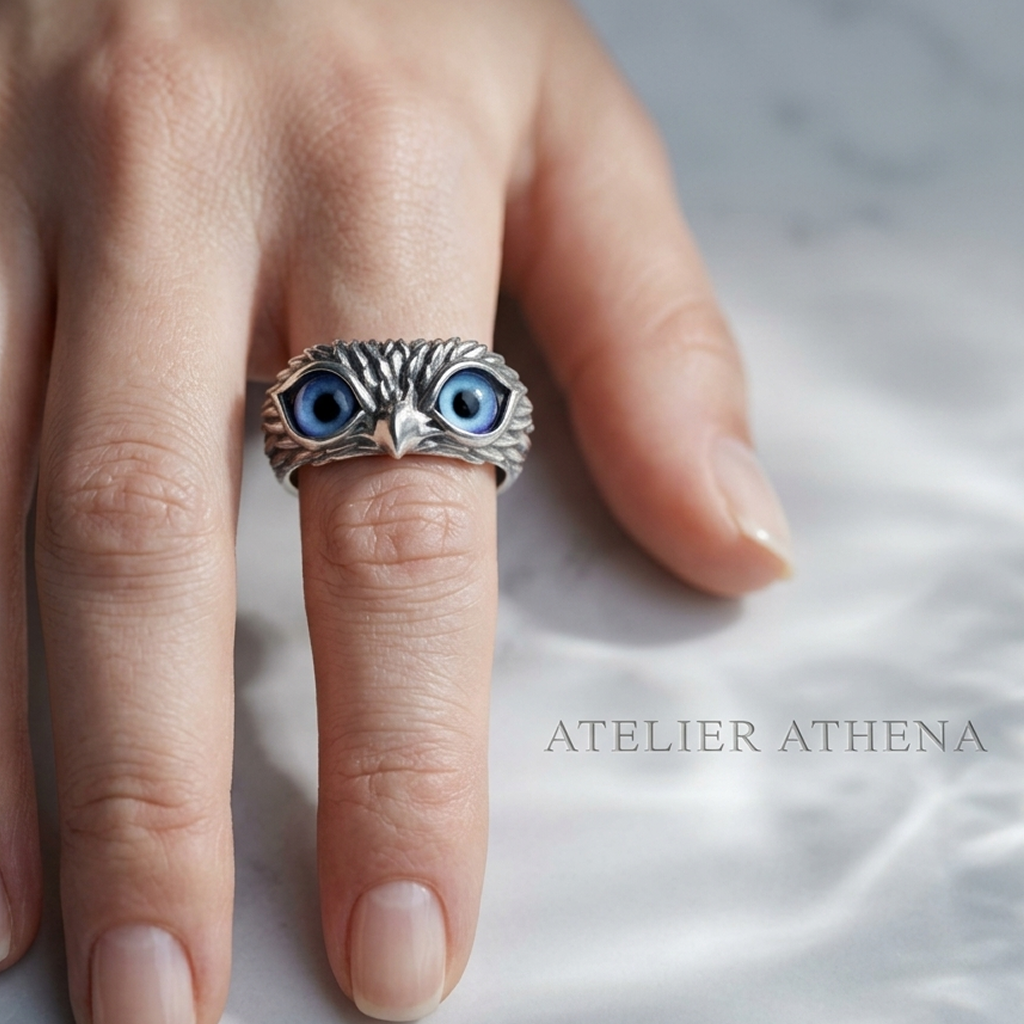 925 Sterling Silver Owl Ring with Synthetic Blue Agate Eyes