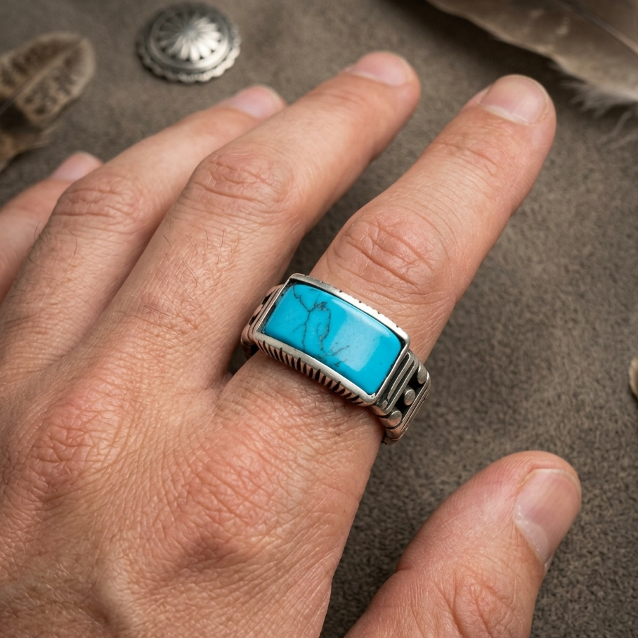 Handmade Sterling Silver Firoza Band Ring – Synthetic Turquoise Stone