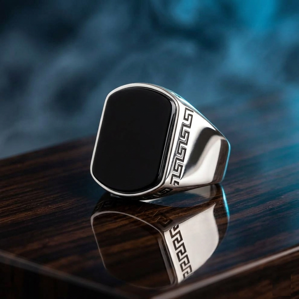 Men Signet Ring with Black Onyx(Black Aqeeq)
