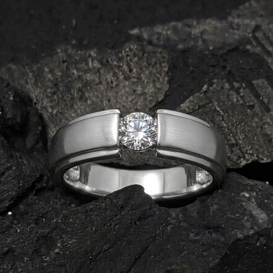 Moissanite Solitaire Ring – Brushed Faux-Tension Wedding Band