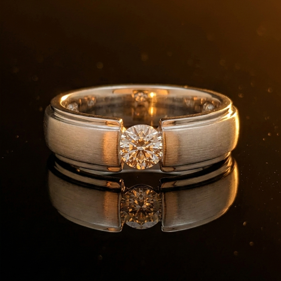 Moissanite Solitaire Ring – Brushed Faux-Tension Wedding Band