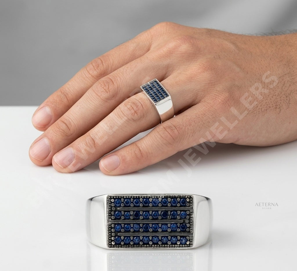 [wm-applied] - 925 Sterling Silver Men's Geometric Blue Sapphire Multi-Row Signet Ring for Men - BM Jewellers (Image 1 of 3)